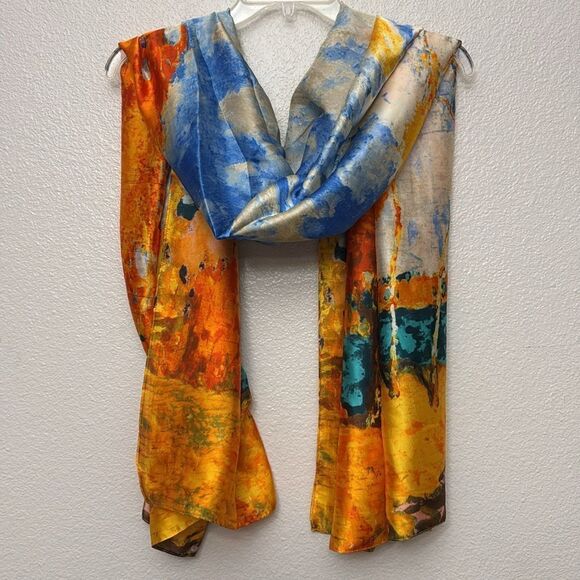 Watercolor Landscape Print Orange/Blue Scarf NWT - Picture 1 of 5